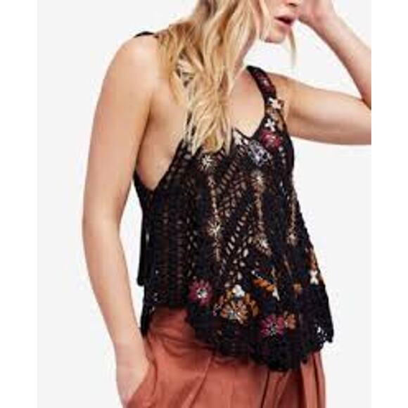 FREE PEOPLE Last Rose Embroidered Crochet Top Black Size Medium M Ties in Back - Picture 1 of 4